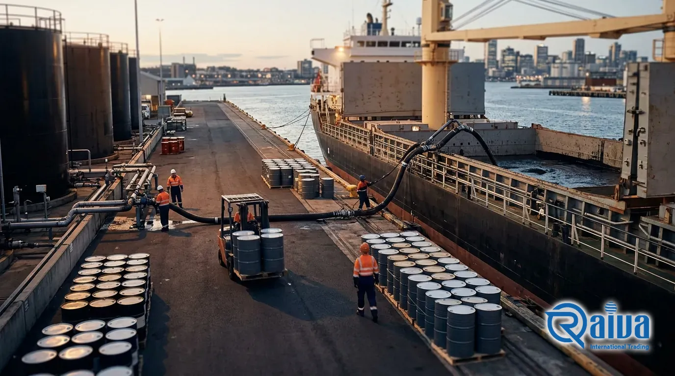 Steel drums of paving bitumen lined up on the quay beside a cargo ship