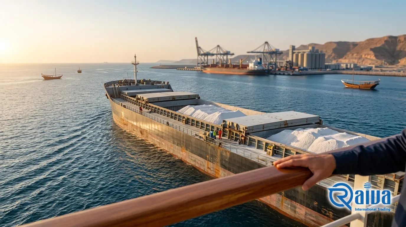 Bulk carrier loaded with white gypsum crossing calm water toward port