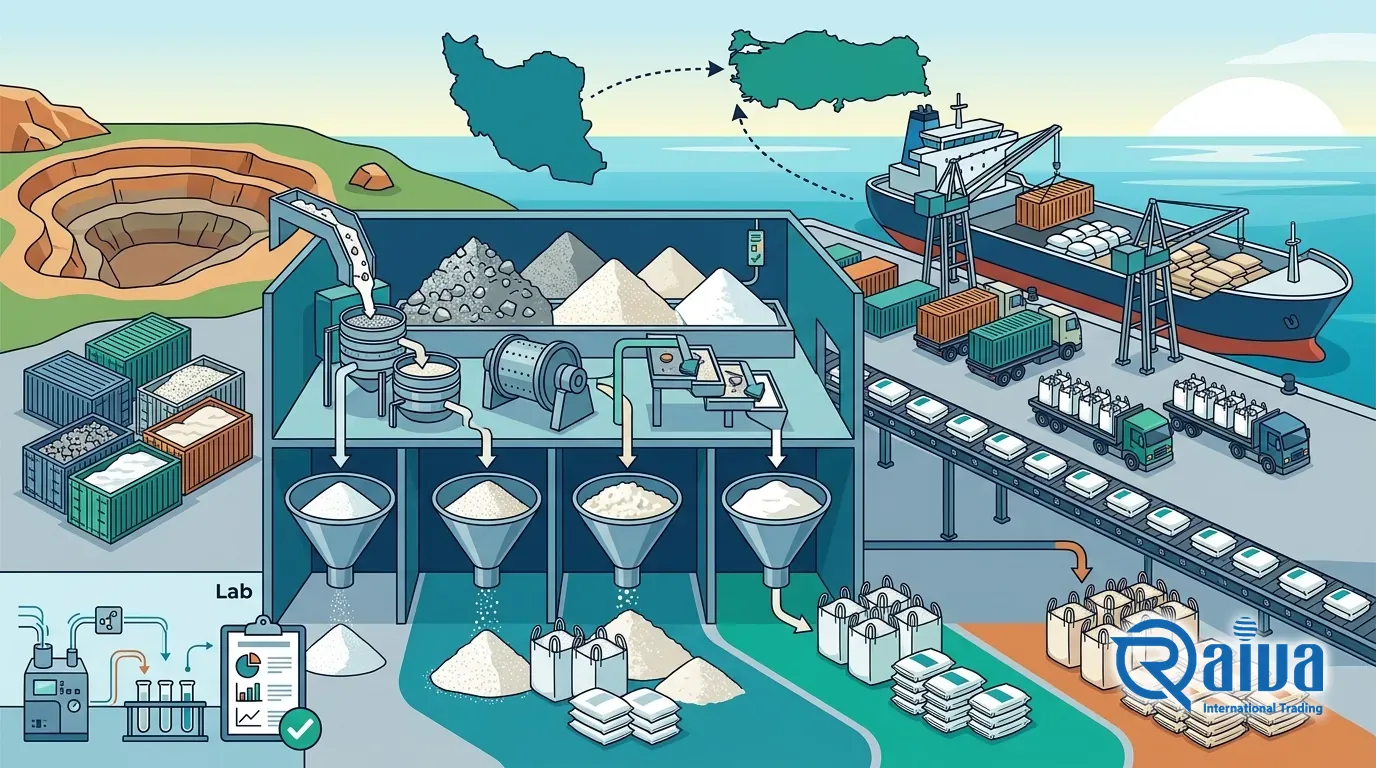 Illustration of silica, feldspar and kaolin moving from quarry and processing plant by truck, rail and ship from Iran to Turkey