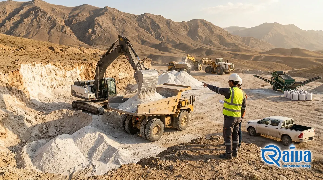 Excavator loading white silica and feldspar ore into a haul truck at an open quarry
